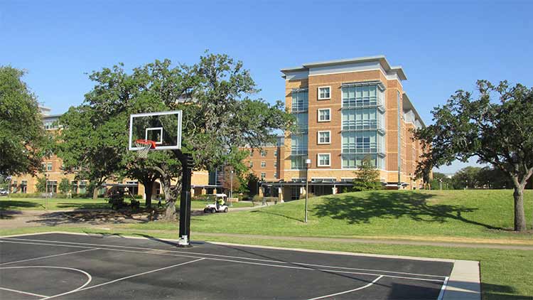 Exterior view of Hullabaloo hall from the basketball court which is located in front of the building. Pictured is one basketball hoop. 