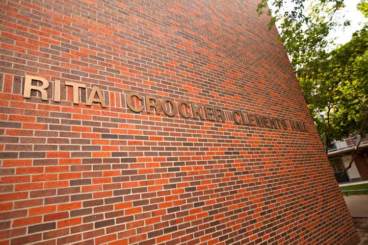 Full title of Clements Hall located on the exterior of the building. Rita Crocker Clements Hall