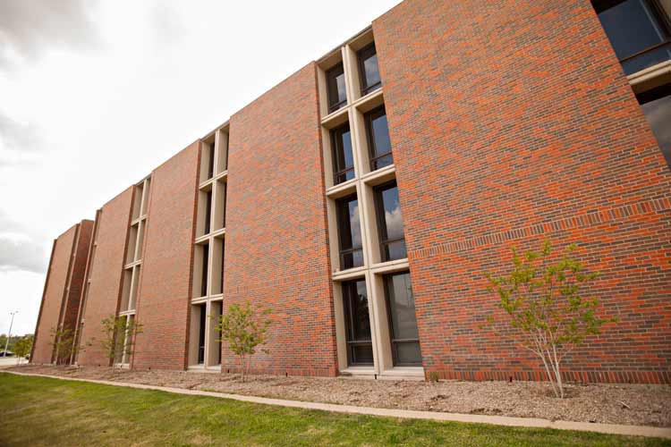 Side view of exterior of Clements Hall 