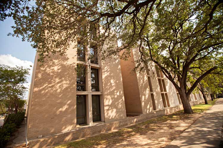 Complete front view of Haas hall with the entrance