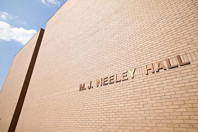 Exterior plaque of namesake of the building: “M.J. Neeley” Hall. 