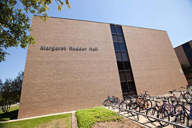 Exterior of Rudder Hall building, bold letters on the side of the exterior showing full namesake “Margaret Rudder” Hall. 