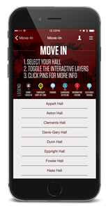 Cellphone showing the hall selection screen from the Mobile Move-In App