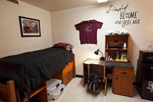 Interior of Krueger dorm. A twin sized bed is shown with  framed diversity photo framed above it. Underneath the bed are storage containers. Next to the bed on the wall hangs a maroon t-shirt. Next to the shirt on the wall is a sign that says "Simply become who you are".  Next to the bed is a work desk and chair. On the desk is a black desk lamp and a bookshelf with school supplies. A book bag sits behind the chair at the desk.