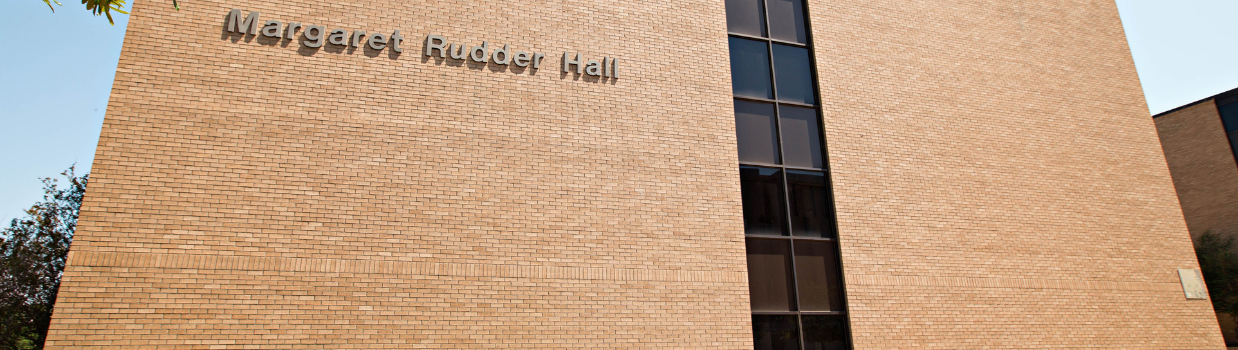 Exterior of Rudder hall with "Margaret Rudder Hall" sign showing
