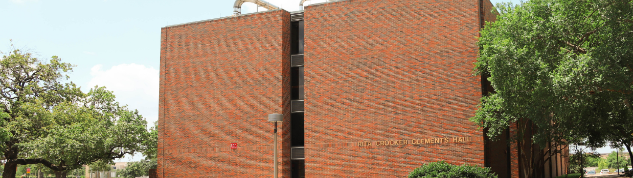 Exterior of Clements Hall, with "Rita Crocker Clements Hall" sign showing